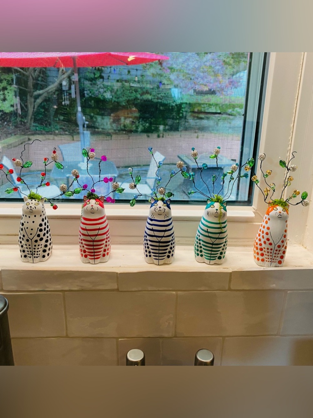 Set of Multi Colored Striped Cat Vases (5) with Hand Made Light Catcher Flowers